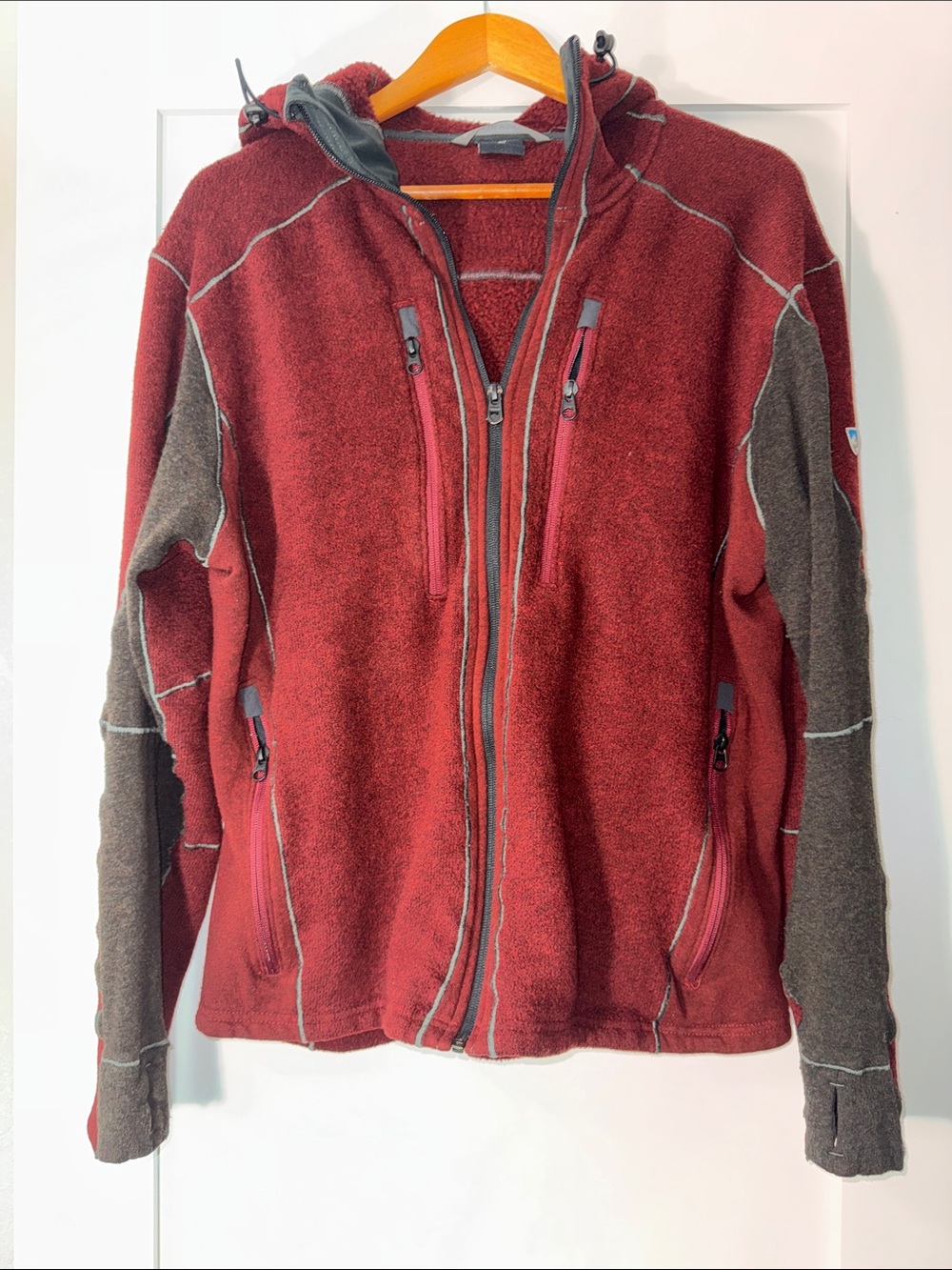 Kuhl Red and Brown w/ Grey contrast  Hooded Fleece Utility Jacket Sz XL